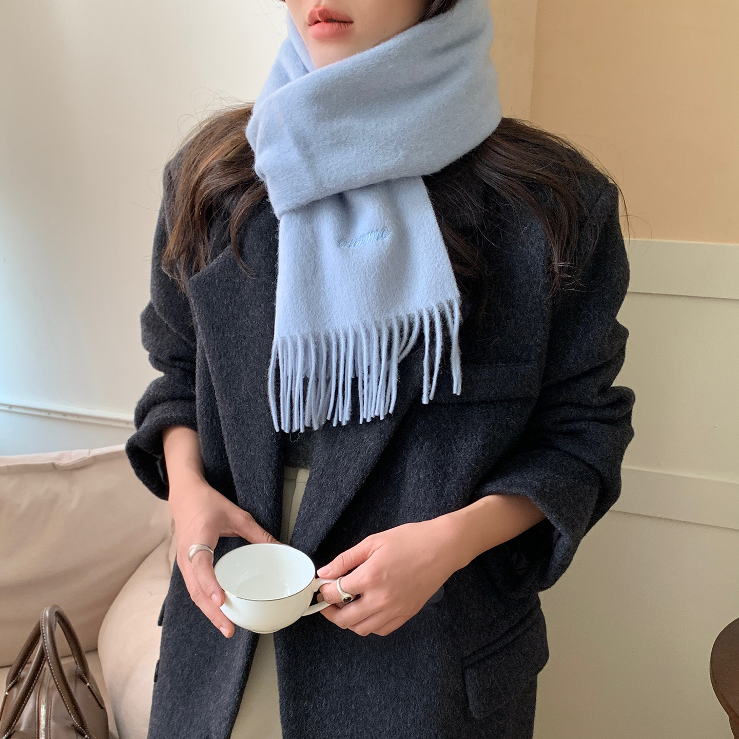 氧气蓝色100%羊毛围巾女冬季高级感韩国ins短款流苏保暖围脖领巾,服饰配件/皮带/帽子/围巾,围巾/丝巾/披肩,淘宝优惠券,粉丝福利购,淘宝优惠卷