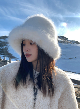 西本帽子女冬季毛绒渔夫帽白色毛毛显脸小保暖仿皮草护耳雷锋帽