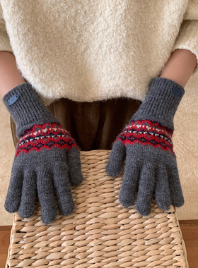 北欧费尔岛针织手套女冬季情侣款灰色长款保暖骑行防寒手套可触屏