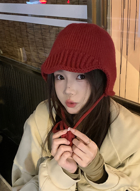 日系可爱小红帽复古百搭红色针织帽子女冬季护耳毛线帽保暖雷锋帽