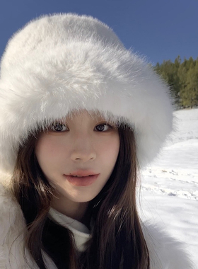 环保皮草帽子女冬季毛绒盆帽白色毛毛渔夫帽防风护耳保暖雷锋帽潮