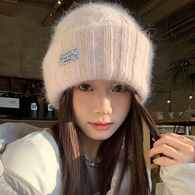 幼态感~浅粉色针织帽子女冬季韩版文艺麻花毛线帽保暖兔毛堆堆帽