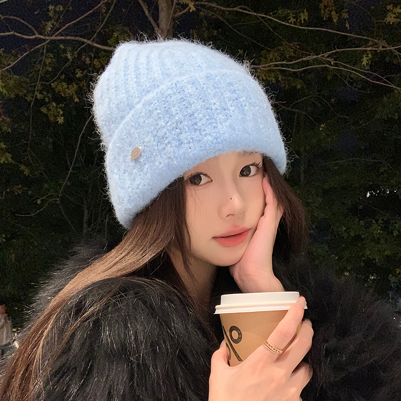 韩版冰岛蓝毛线帽女秋冬季冷帽