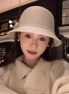 法式复古小礼帽千金风澳洲羊毛白色优雅赫本风渔夫帽气质百搭盆帽