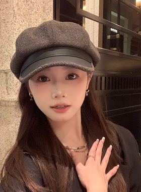 英伦复古毛呢八角帽子女秋冬圆脸报童帽pu皮日系灰色贝雷帽画家帽