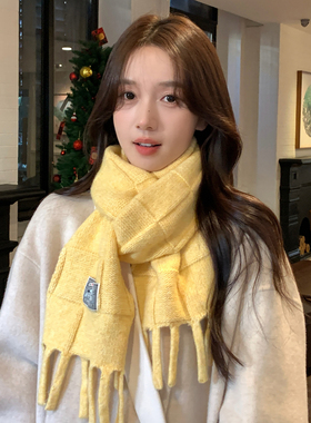芝士奶黄色针织围巾女冬季高级感羊毛混纺长款毛线流苏围脖男学生