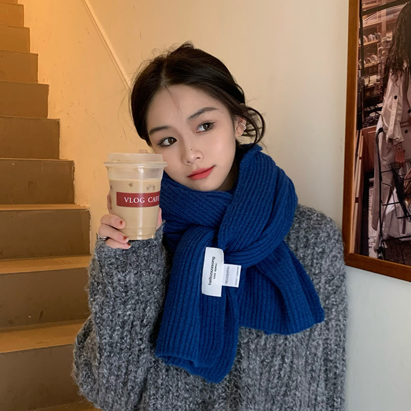 西本韩版基础款纯色毛线围巾女ins冬季百搭贴布加长针织围脖男