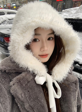 雪娃娃~白色帽子女冬季可爱毛绒帽保暖护耳帽雷锋帽巴拉克拉法帽