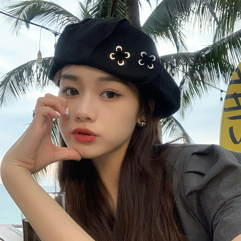 贝雷帽时尚简约女春夏纽扣设计