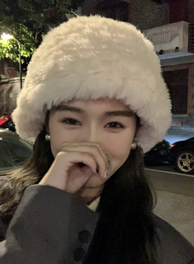 白色毛绒绒帽子女冬季保暖仿皮草兔毛渔夫帽显瘦针织帽大头毛线帽