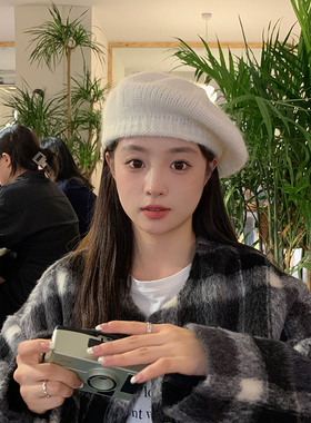 西本重工马海毛针织贝雷帽女秋冬大头围白色画家帽子女毛线帽潮