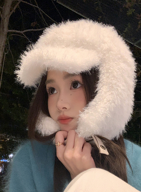 宅女同款~韩国白色毛绒帽子女冬季加厚保暖雷锋帽加绒骑行护耳帽