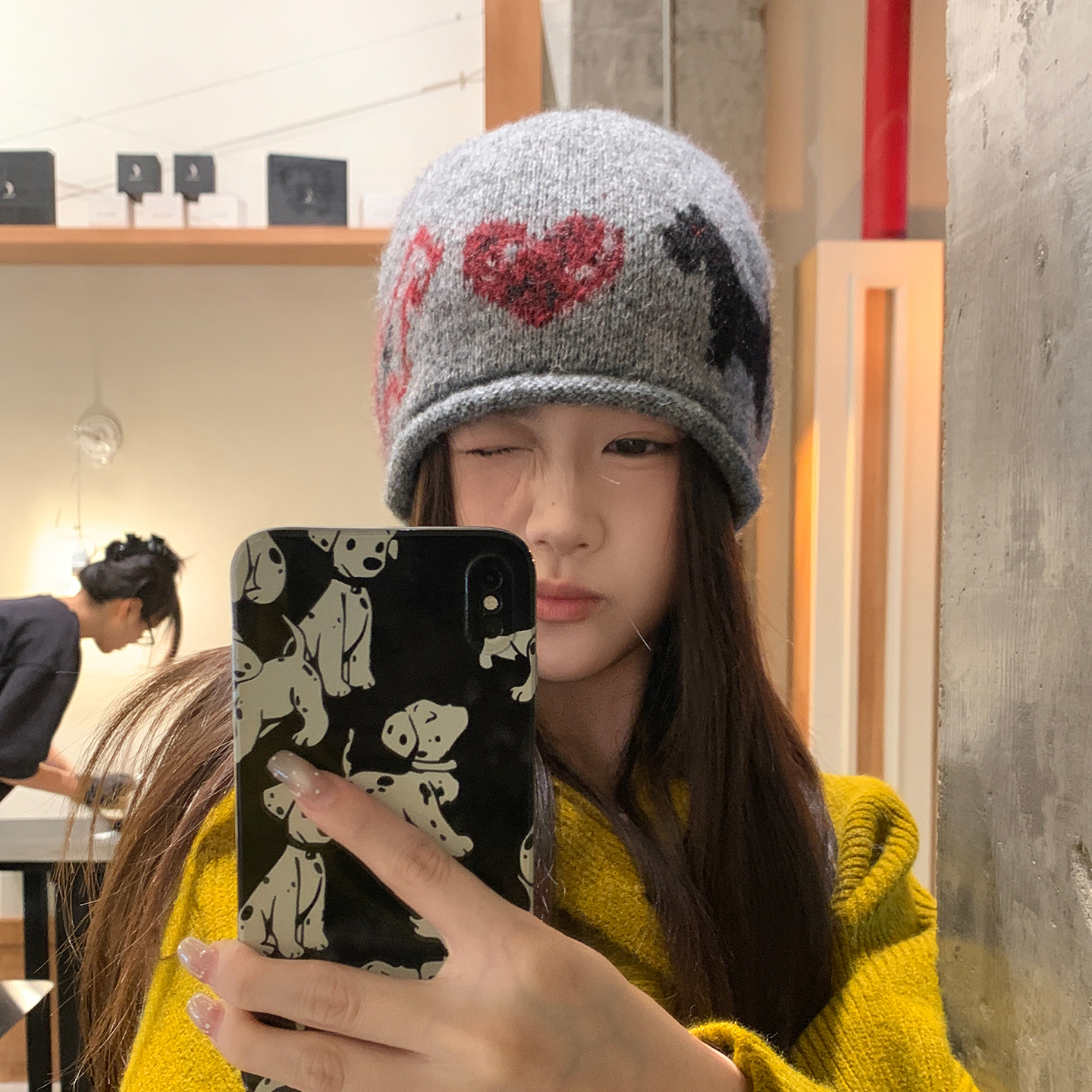 可爱图案灰色针织帽女冬季毛线帽