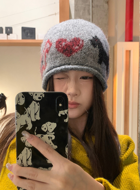 可爱图案灰色针织帽女百搭时髦包头冷帽男休闲小众毛线帽子女冬季