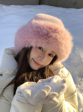 粉色毛绒帽子女冬季仿狐狸毛渔夫帽保暖盆帽东北护耳帽防寒蒙古帽