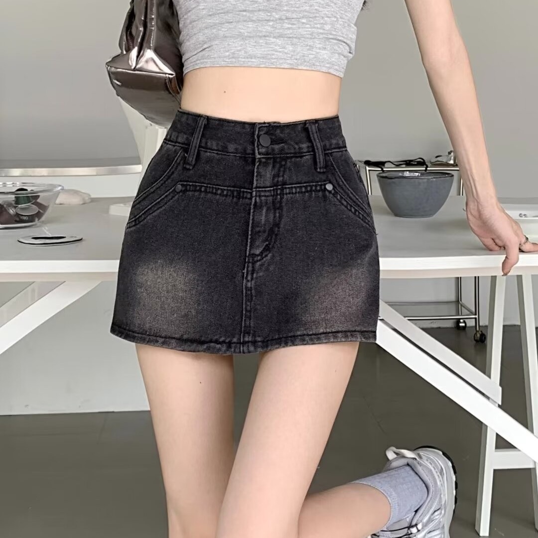 美式复古水洗高腰牛仔半身裙女