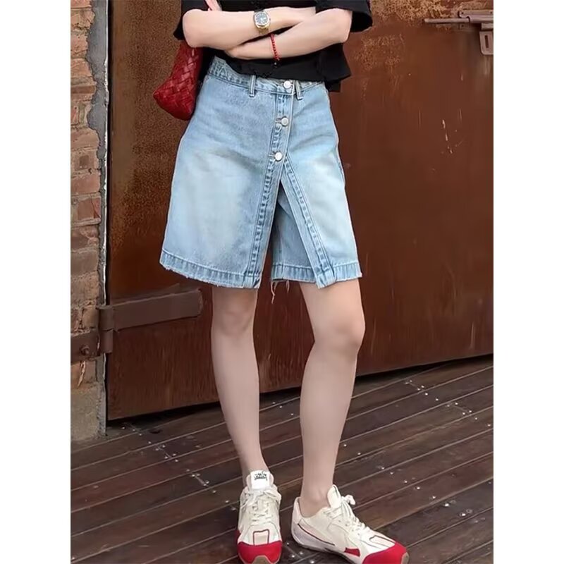 大码2025夏季高腰设计感假两件牛仔裤裙女胖mm洋气显瘦直筒五分裤
