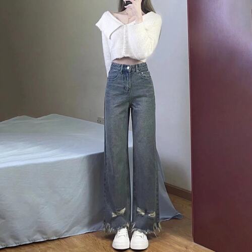 破洞牛仔裤女大码新款胖mm宽松