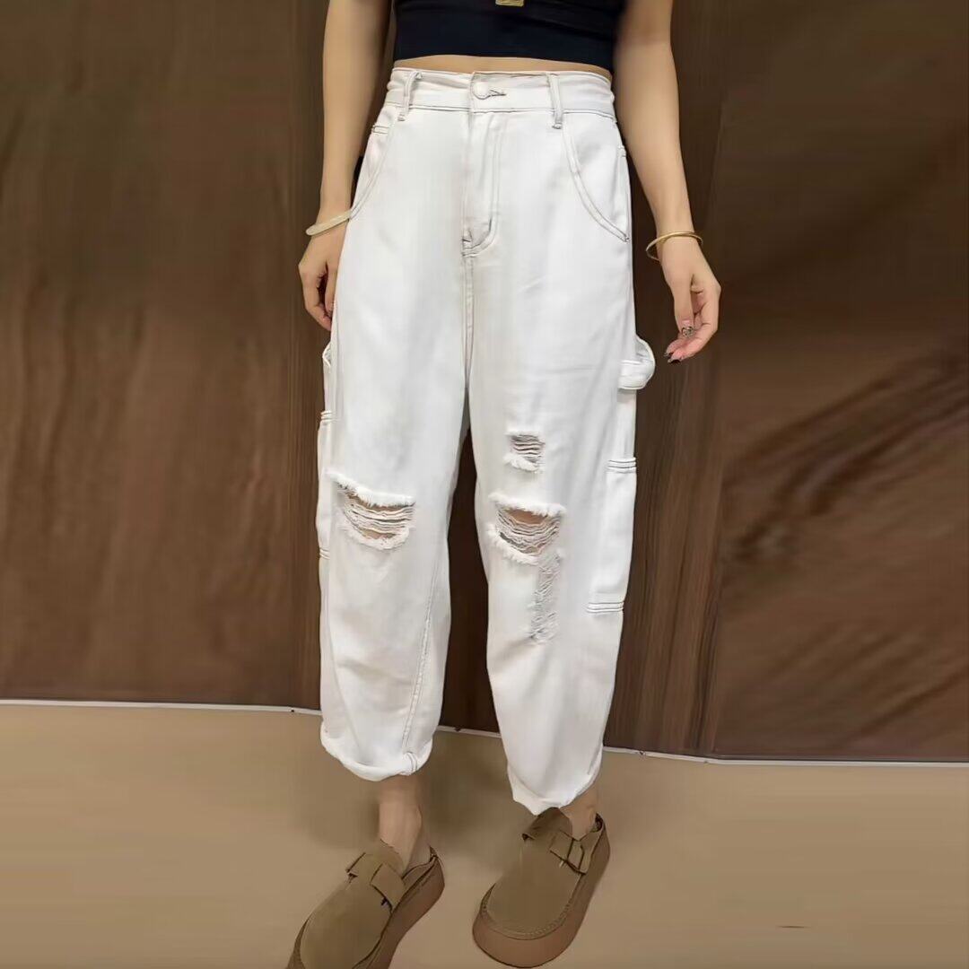 大码白色破洞哈伦牛仔裤女2025年春夏新九分阔腿裤宽松显瘦老爹裤