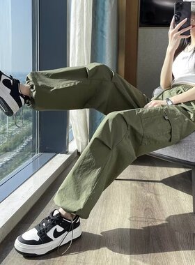 薄款美式工装裤女大码显瘦灯笼裤小个子阔腿裤军绿色运动裤速干裤