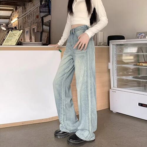 美式复古高腰阔腿牛仔裤女春夏