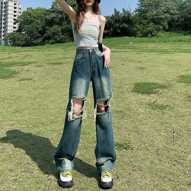 美式复古大码破洞牛仔裤女2022秋季新款高腰宽松显瘦阔腿拖地长裤