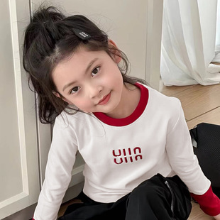 春秋女童长袖打底衫中小童纯色外穿百搭潮流修身短款撞色上衣