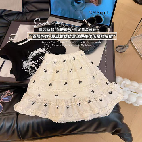 女童夏季新款蝴蝶结蕾丝蛋糕裙儿童洋气百搭宝宝短裙a字半身裙