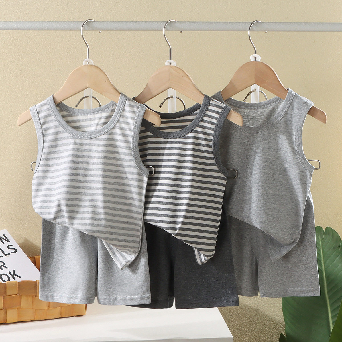 2026夏季儿童背心套装新款纯棉条纹拼色套装男童休闲透气无袖套装