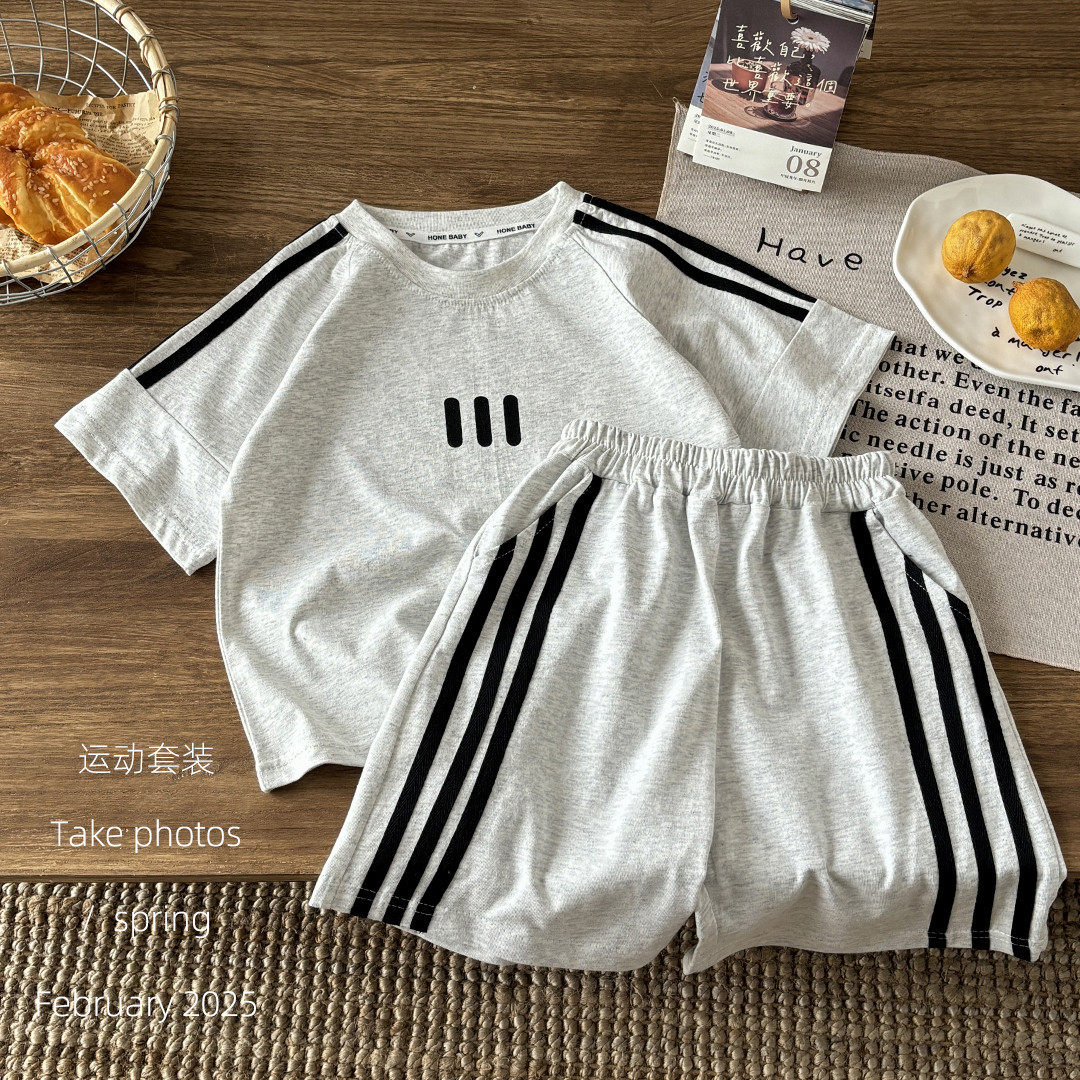 2026儿童夏季短袖短裤运动套装纯棉韩版中大童套装百搭拼接男女童