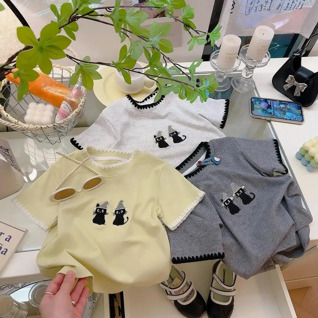 夏季新款韩版女童刺绣帽子小猫圆领短袖T恤棉质半袖中大童上衣