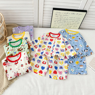 春夏儿童纯棉纱布睡衣套装七分袖宝宝家居服男女童韩版百搭两件套