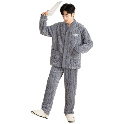 法兰绒冬季珊瑚绒睡衣家居服男