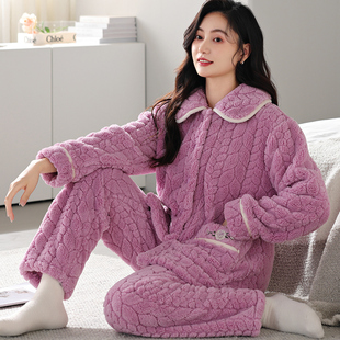 浪漫紫色花朵珊瑚绒睡衣女秋冬季加绒加厚大码中年青年妈妈家居服