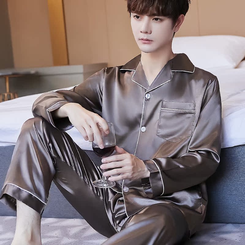 新款春秋长袖睡衣男士冰丝韩版