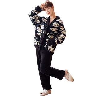 韩版珊瑚绒睡衣女秋冬季加厚加绒冬季法兰绒套装家居服可外穿冬天