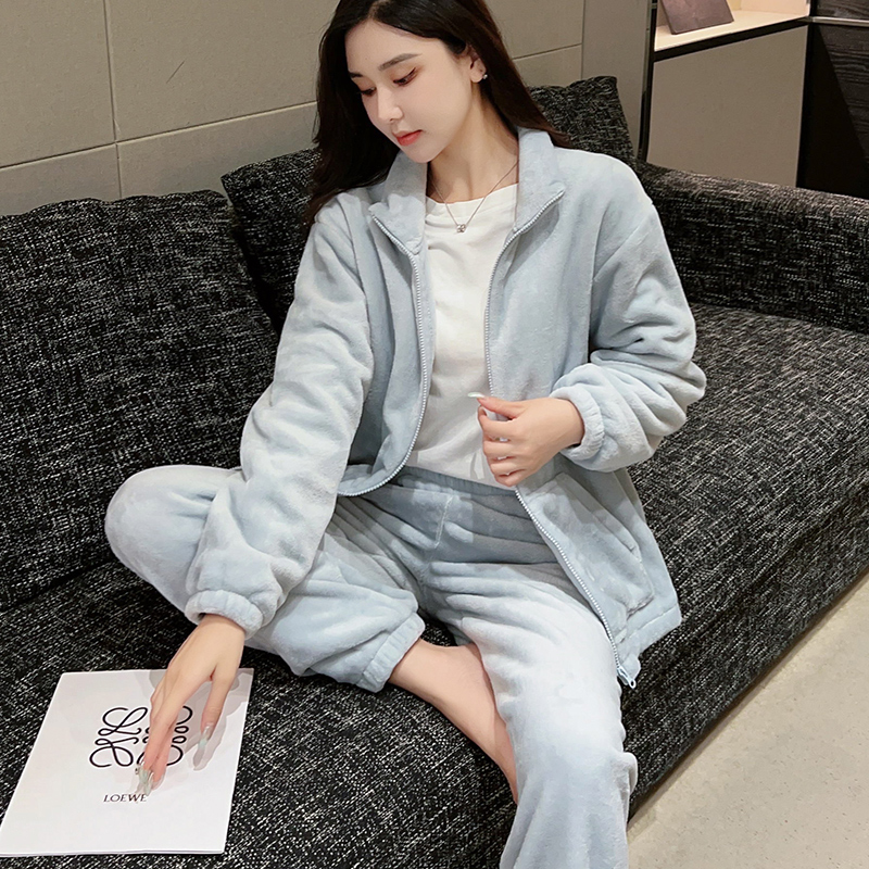 女春秋款秋季女款纯色新款睡衣冬季冬款珊瑚绒家居服加绒加厚女士