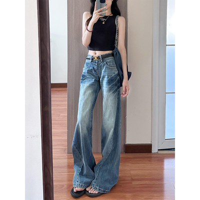 美式水洗阔腿牛仔裤女夏