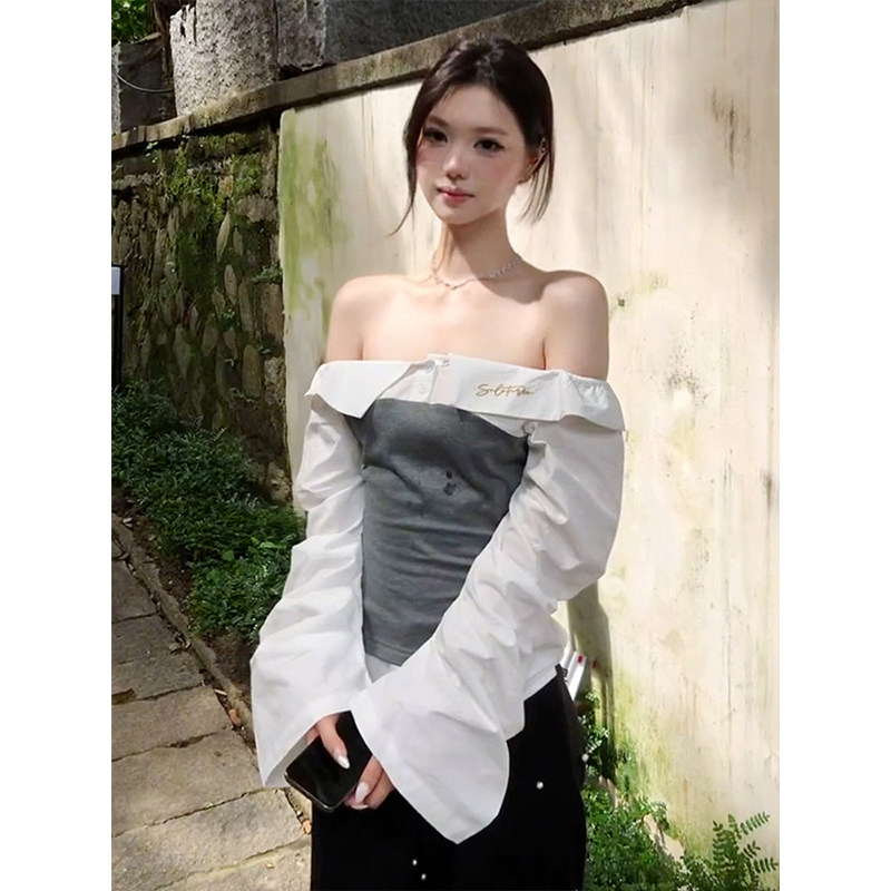 2025早秋季新款辣妹一字肩长袖上衣女T恤韩系独特漂亮假两件衬衫