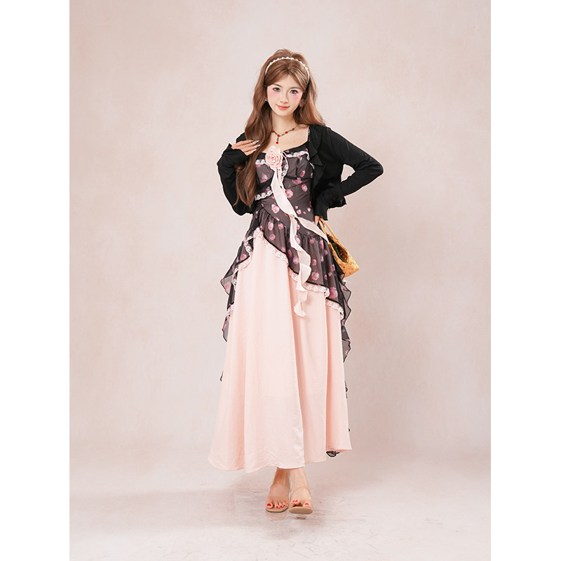 【蝶梦花】温柔甜美开衫法式千金感不规则黑粉拼色碎花长裙两件套