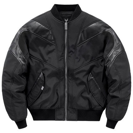 VIP设计感pu皮拼接棉衣男冬季飞行夹克机车外套美式高街棒球棉服