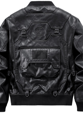 VIP重磅皮衣男假两件拼接飞行夹克棒球领机车服赛博朋克机能外套