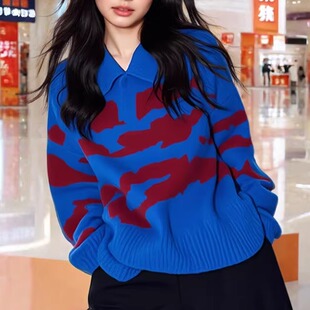 宝蓝色撞色POLO领毛衣女套头宽松年轻款羊毛衫针织打底加厚秋冬季