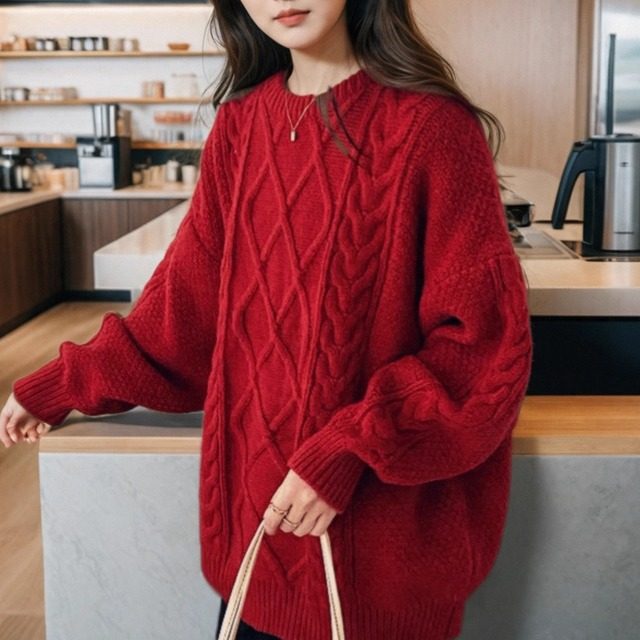 粗线低圆领麻花套头宽松慵懒风圣诞红色中长款复古毛衣女加厚秋冬