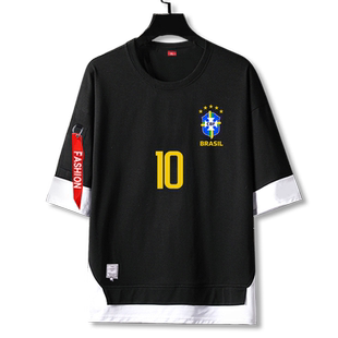 2021巴西队国家队美洲杯足球迷服内马尔假两件5五分袖男女短袖t恤
