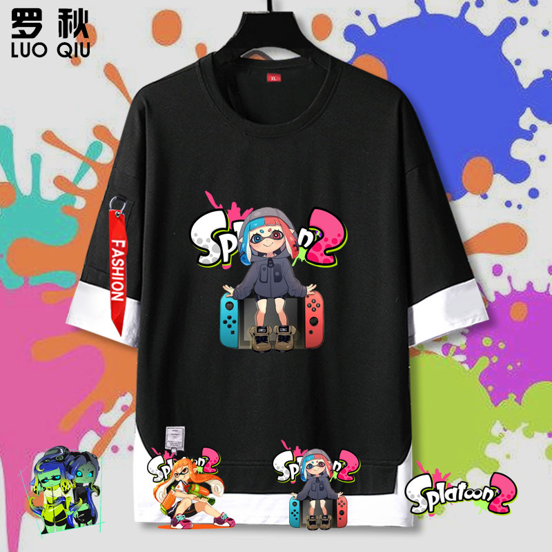 喷射战士Splatoon2游戏二次元周边假两件五分袖男女短袖t恤衫衣服 男装 T恤 原图主图