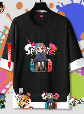 喷射战士Splatoon2游戏二次元周边假两件五分袖男女短袖t恤衫衣服