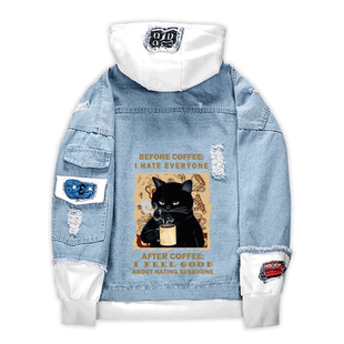 轻佻蔑视喝咖啡的腹黑猫咪趣味卡通牛仔外套男女学生情侣连帽夹克