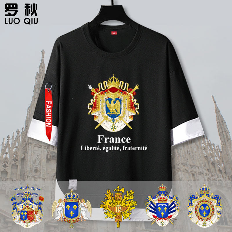 法国法兰西历代帝国标志短袖t恤衫男假两件五分袖拿破仑上衣服夏