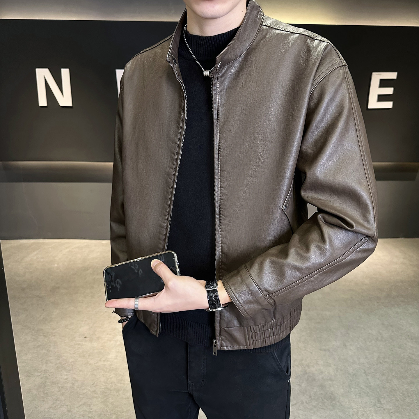 皮衣外套男秋季2026新款潮牌小立领极简短款行政皮夹克男修身褂子